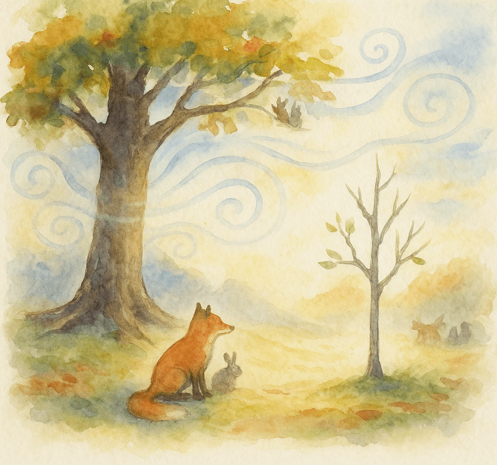 An old oak and a young sapling in dappled morning light, vines coiling at their roots.