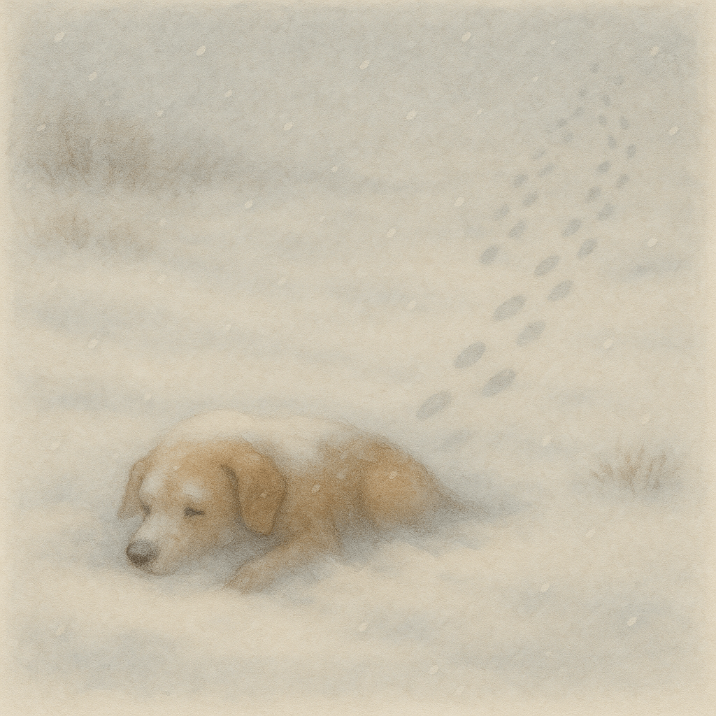 A loyal dog rests in falling snow; faint pawprints fade into the white beyond.