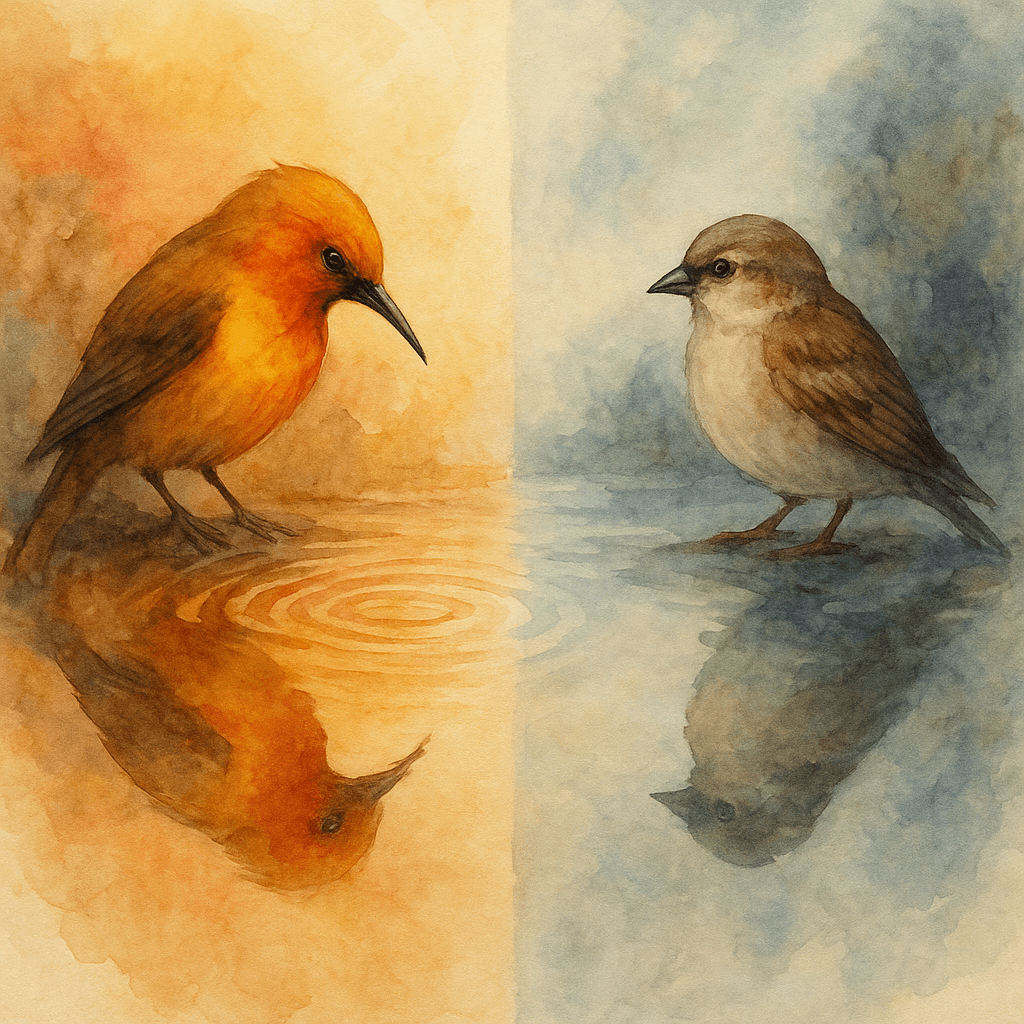 Watercolor: a sunbird on a warm-toned bank and a sparrow on a cool-toned bank, their reflections meeting across a still pond as ripples fade.